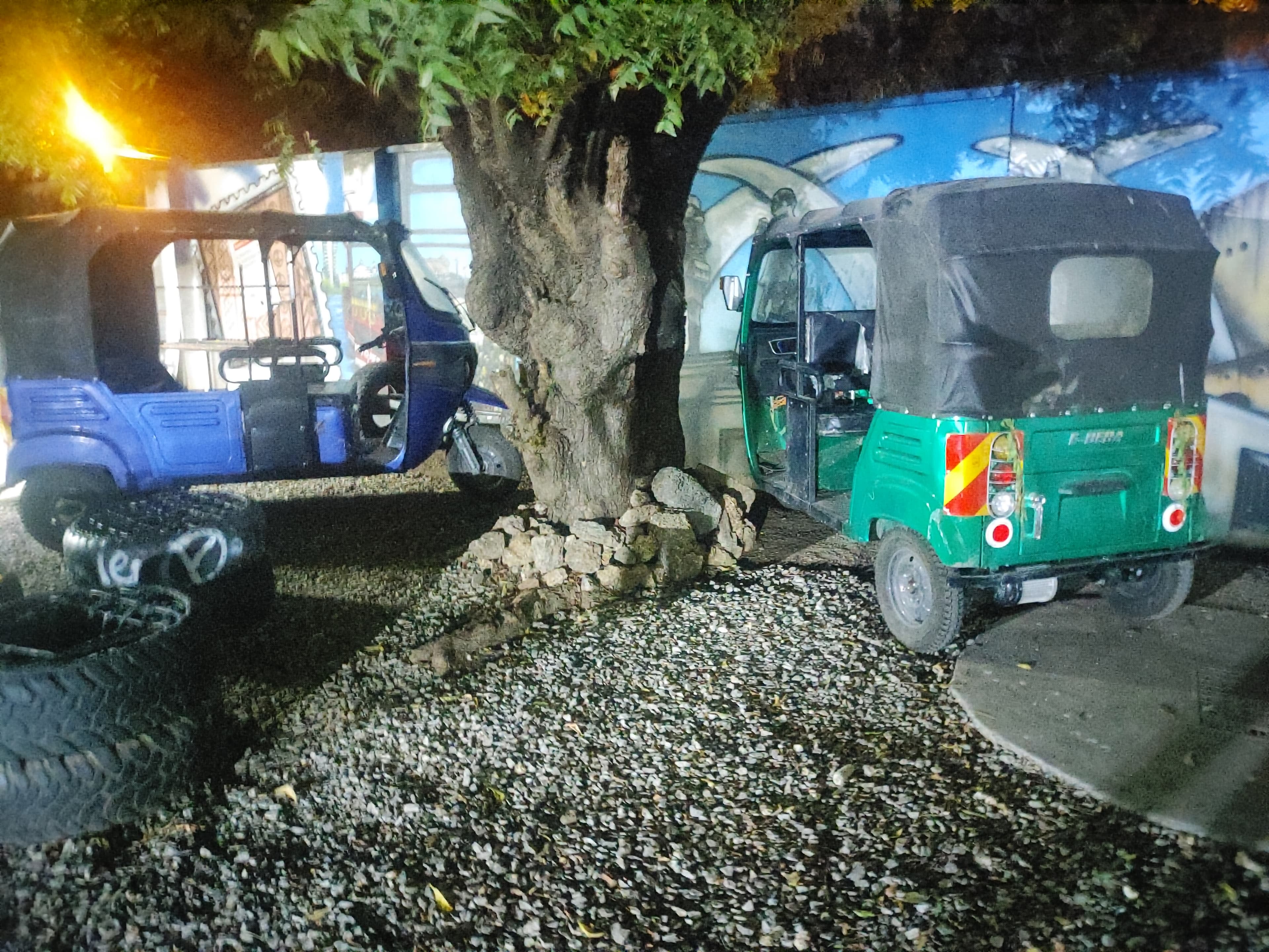 An electric tuk-tuk plugged in and charging in a covered bay