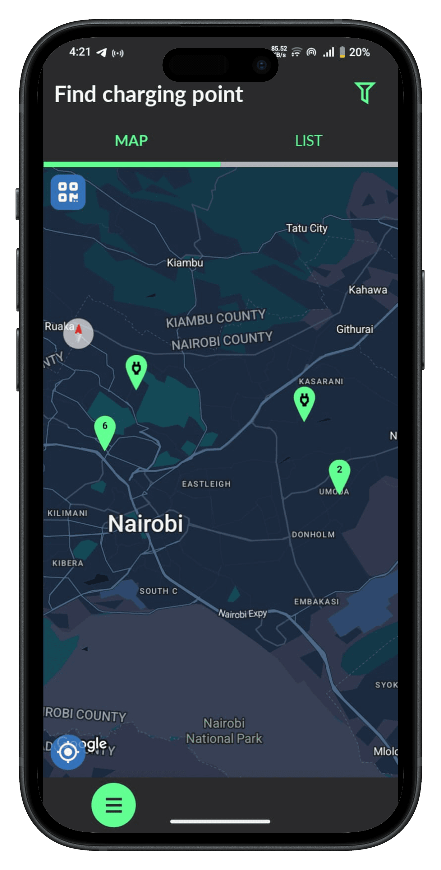 The Chaji app showing live vehicle positions on a map